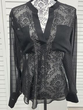 Rachel Roy Black Sheer Blouse with Metallic Gold Dots